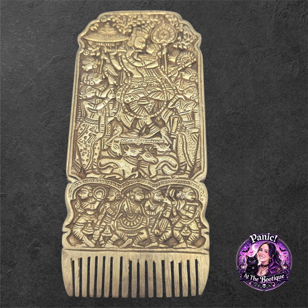 Handmade Brass Hair Comb Gold Ganesha Krishna Religious Vintage Indian Art Boho‎